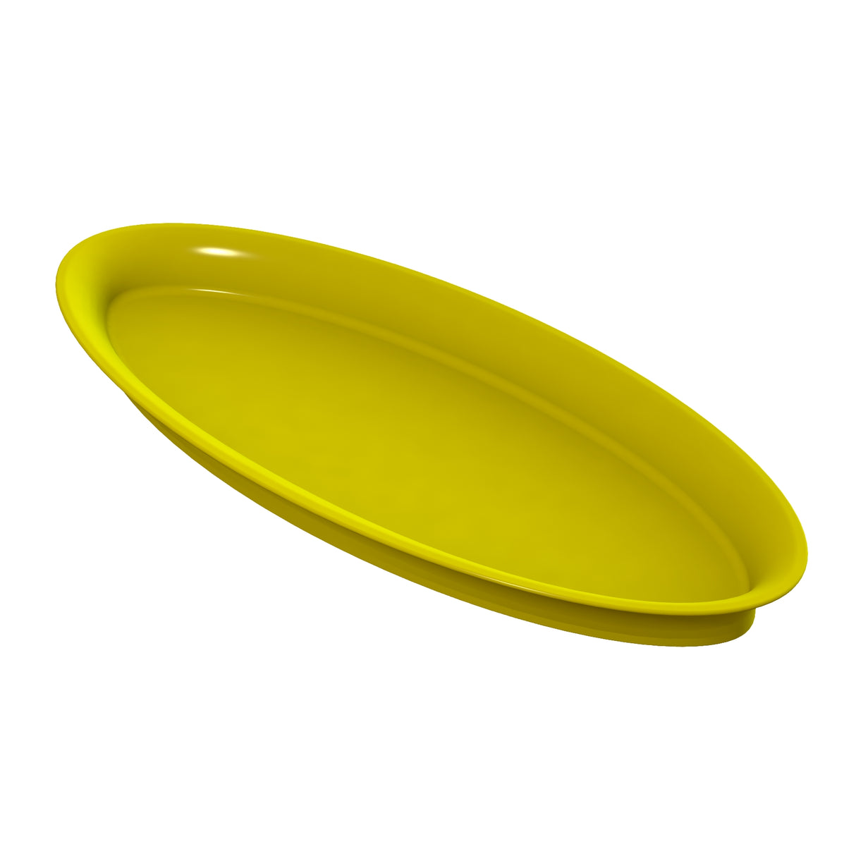 A bright yellow, oval-shaped King Fish Platter with raised edges is shown angled slightly to the right on a white background. The platter appears smooth and glossy, with no visible decorations, patterns, or markings.