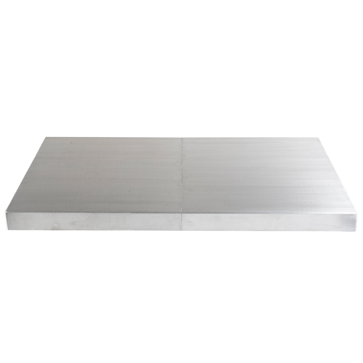 A rectangular, flat stainless steel slab with a smooth surface viewed from the side. The slab is divided down the center into two equal sections, each featuring a subtle brushed texture. It resembles a sleek table cover for a 6' table against a plain white background.