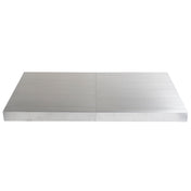 A rectangular, flat stainless steel slab with a smooth surface viewed from the side. The slab is divided down the center into two equal sections, each featuring a subtle brushed texture. It resembles a sleek table cover for a 6' table against a plain white background.