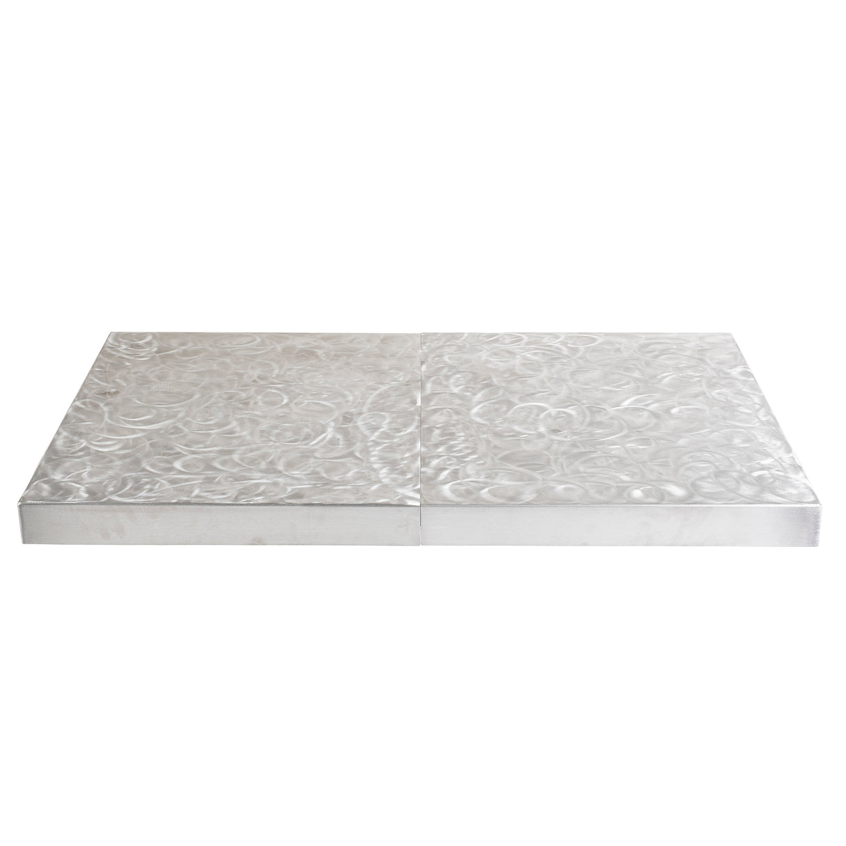 A rectangular, flat, stainless steel platform with a brushed, swirling texture on the surface, divided into two equal sections by a central line. Resembles a sleek table cover for a 6' table against a plain white background.