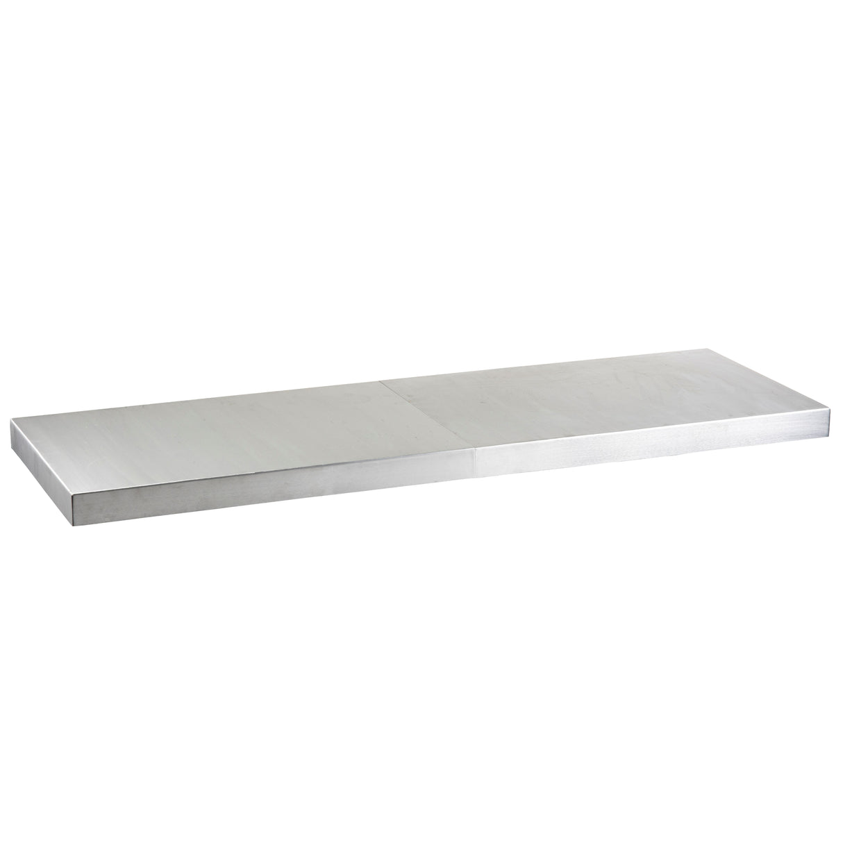 A rectangular, flat stainless steel shelf with smooth surfaces and a shiny metallic finish, resembling a minimalist 8' table cover. The shelf is plain, with no visible attachments or decorative elements, photographed against a white background.