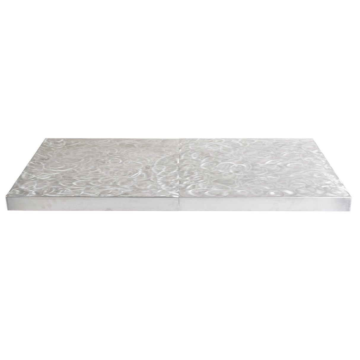 Two rectangular, flat stainless steel slabs placed side by side. The surfaces have a swirled, textured pattern, and the color is silver. The plain white background makes the shiny, reflective quality of the metal stand out clearly.