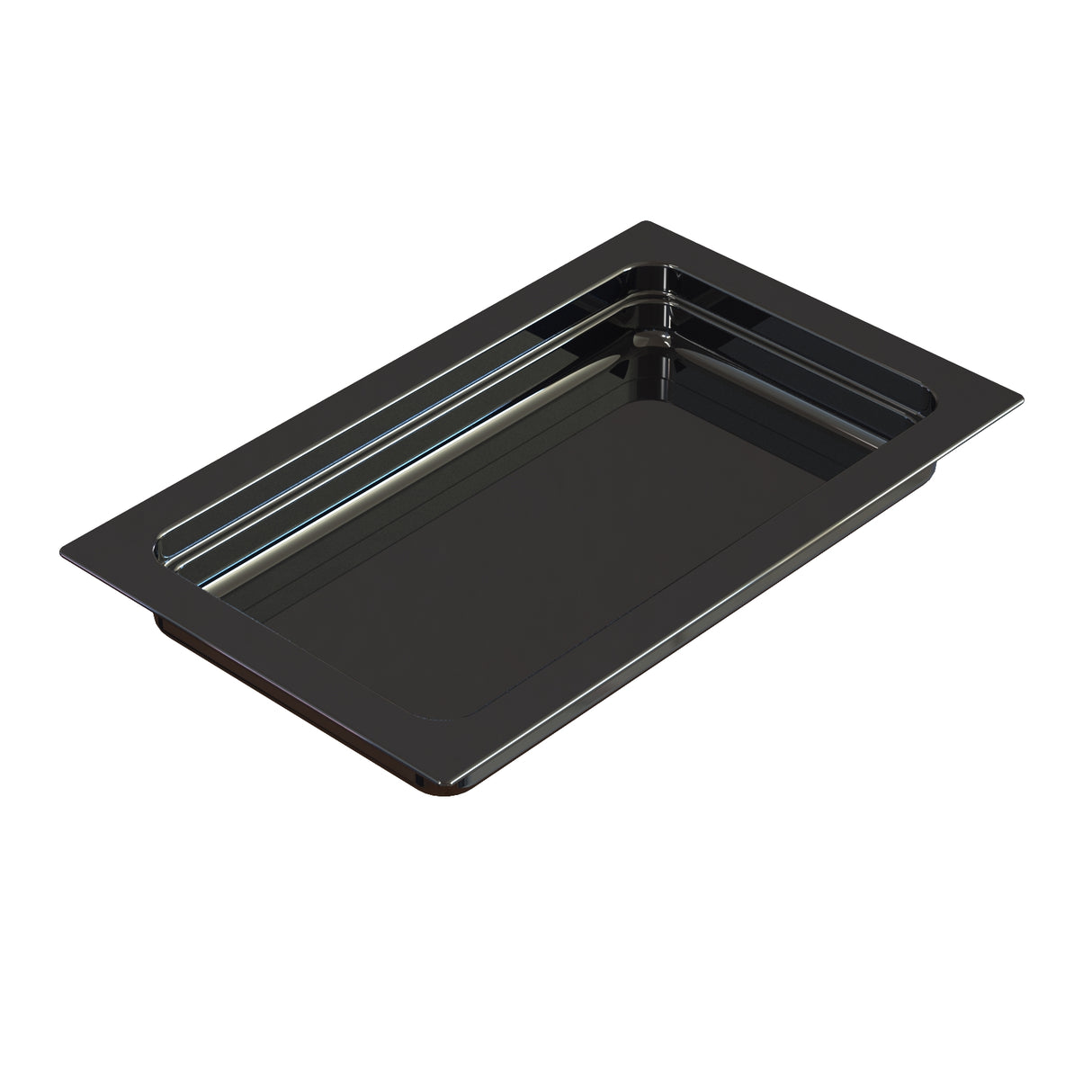 A rectangular, black, shallow tray made of cast aluminum with a glossy finish and slightly raised edges. Sleek and modern, this food pan is perfect for cold holding. It is photographed on a plain white background, tilted at an angle.