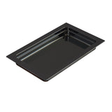 A rectangular, black, shallow tray made of cast aluminum with a glossy finish and slightly raised edges. Sleek and modern, this food pan is perfect for cold holding. It is photographed on a plain white background, tilted at an angle.