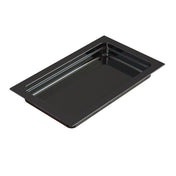 A rectangular, black, shallow tray made of cast aluminum with a glossy finish and slightly raised edges. Sleek and modern, this food pan is perfect for cold holding. It is photographed on a plain white background, tilted at an angle.