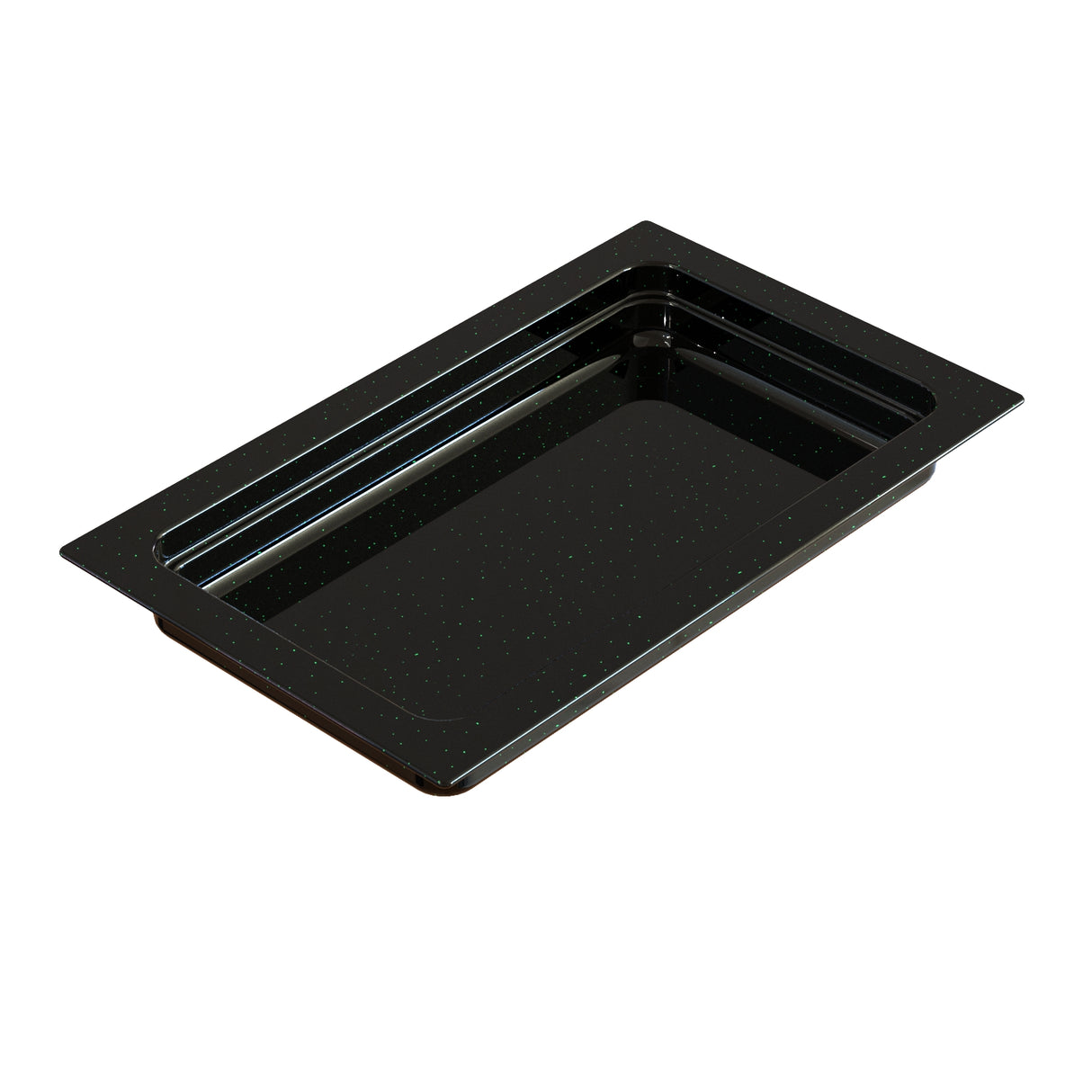 A black rectangular cast aluminum food pan with a glossy surface and subtle white speckles, featuring a wide rim and deep sides. The empty pan is photographed at an angle against a white background.