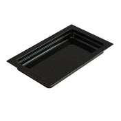 A black rectangular cast aluminum food pan with a glossy surface and subtle white speckles, featuring a wide rim and deep sides. The empty pan is photographed at an angle against a white background.