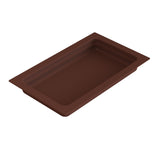 A deep, rectangular, brown food pan with raised edges and slightly rounded interior corners, shown on a white background and viewed from an angle above. The tray appears empty and is designed for holding or serving food.