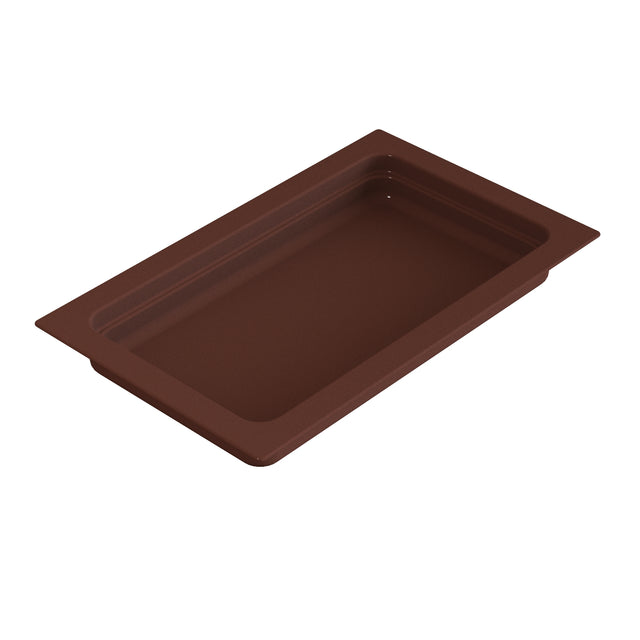 A deep, rectangular, brown food pan with raised edges and slightly rounded interior corners, shown on a white background and viewed from an angle above. The tray appears empty and is designed for holding or serving food.