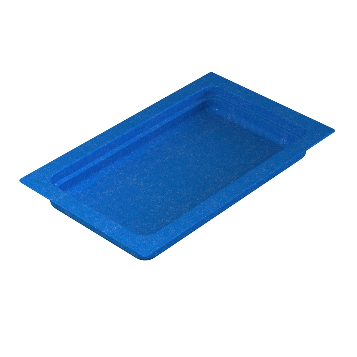 A blue rectangular plastic food pan with a flat rim and slightly textured surface, shown on a white background. The shallow, straight-sided pan is ideal for cold holding and commonly used for food storage or serving in commercial kitchens.