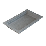 A rectangular, shallow, gray cast aluminum tray with straight sides and rounded corners. The tray has a flat rim around the edge and a smooth interior surface, resembling a food pan for cold holding, placed on a white background.