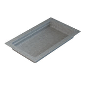 A rectangular, shallow, gray cast aluminum tray with straight sides and rounded corners. The tray has a flat rim around the edge and a smooth interior surface, resembling a food pan for cold holding, placed on a white background.