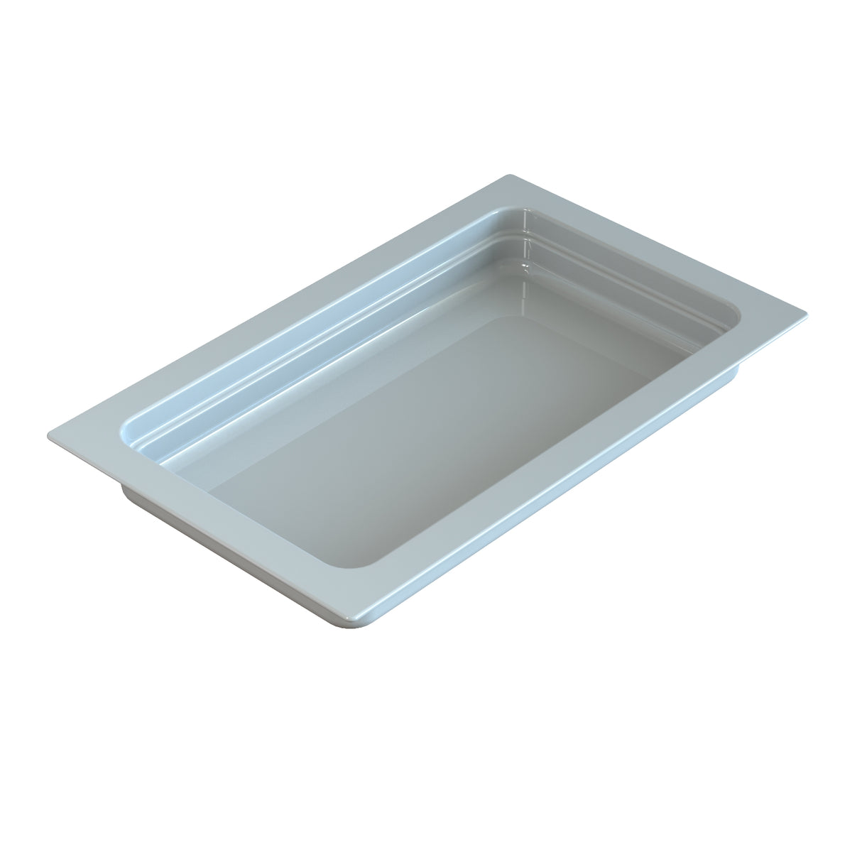 A rectangular, shallow food pan with slightly beveled sides and a wide rim, seen from a high angle on a white background. Ideal for cold holding, the stainless steel surface is shiny, smooth, and completely empty.
