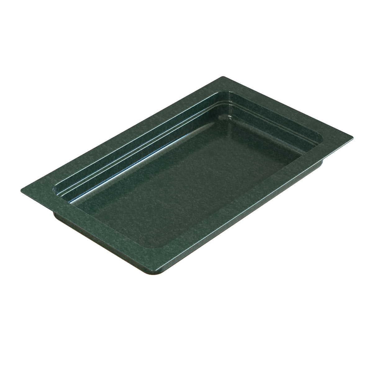A deep, rectangular, dark green cast aluminum food pan with a slightly textured surface and wide rim. The pan features straight sides, rounded corners, and is ideal for cold holding. Shown empty on a white background.