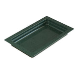 A deep, rectangular, dark green cast aluminum food pan with a slightly textured surface and wide rim. The pan features straight sides, rounded corners, and is ideal for cold holding. Shown empty on a white background.