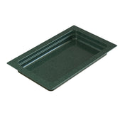 A deep, rectangular, dark green cast aluminum food pan with a slightly textured surface and wide rim. The pan features straight sides, rounded corners, and is ideal for cold holding. Shown empty on a white background.