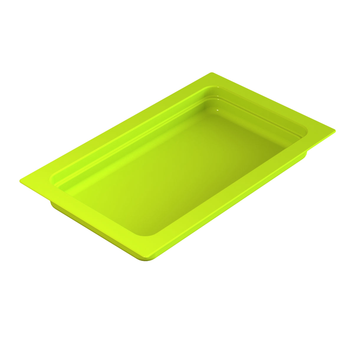 A bright green, rectangular plastic food pan with raised edges is shown from an angled top view, against a plain white background. The tray appears glossy and smooth, designed for cold holding, with no patterns or handles.