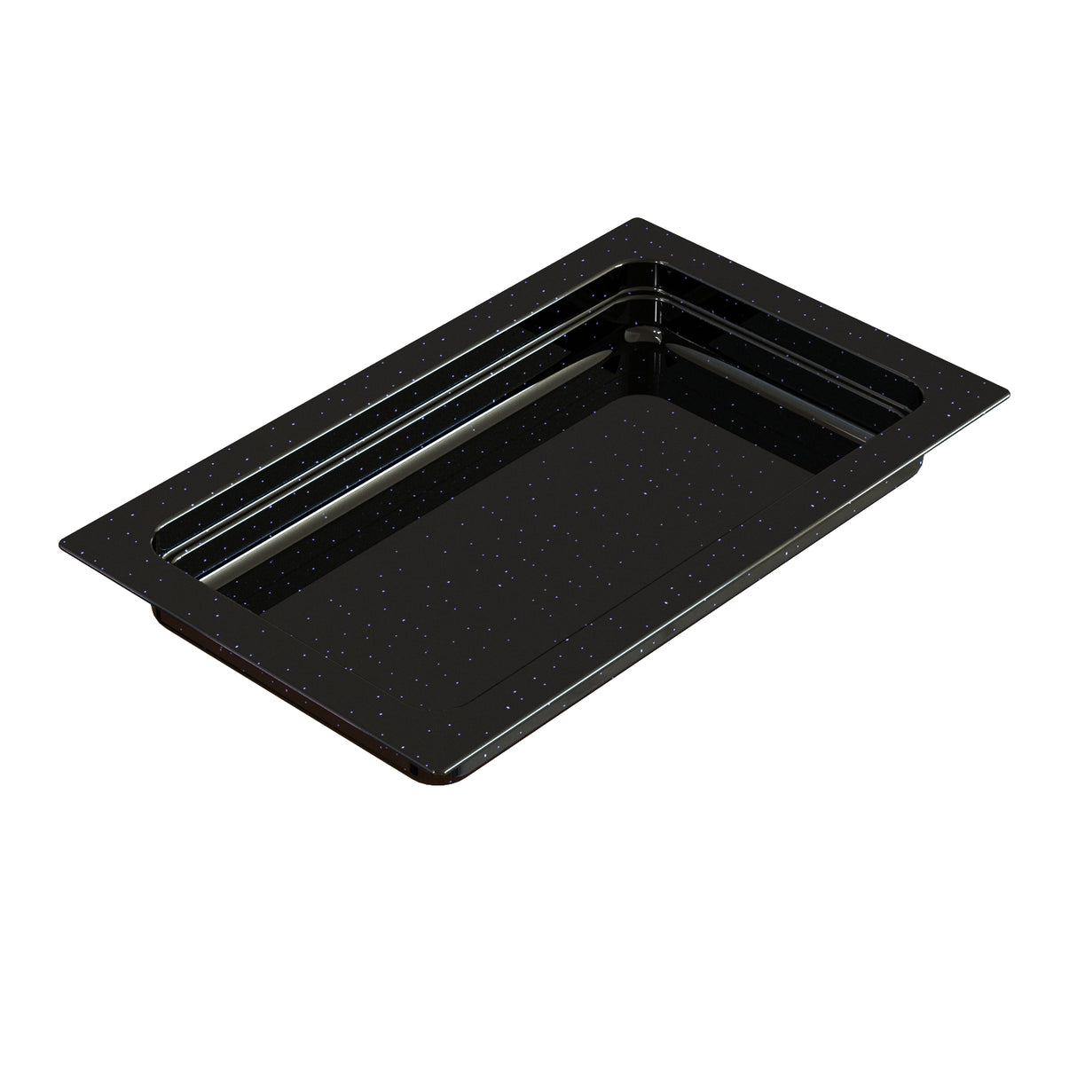 A rectangular, glossy black cast aluminum tray with slightly raised edges and rounded inner corners. The tray features a speckled pattern of tiny white dots and a wide, flat rim, giving this food pan a modern appearance.