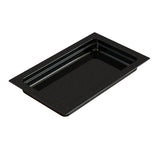A rectangular, glossy black cast aluminum tray with slightly raised edges and rounded inner corners. The tray features a speckled pattern of tiny white dots and a wide, flat rim, giving this food pan a modern appearance.