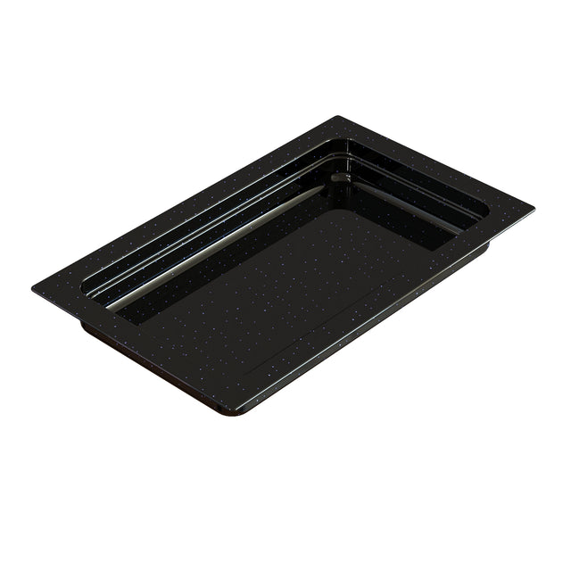A rectangular, glossy black cast aluminum tray with slightly raised edges and rounded inner corners. The tray features a speckled pattern of tiny white dots and a wide, flat rim, giving this food pan a modern appearance.