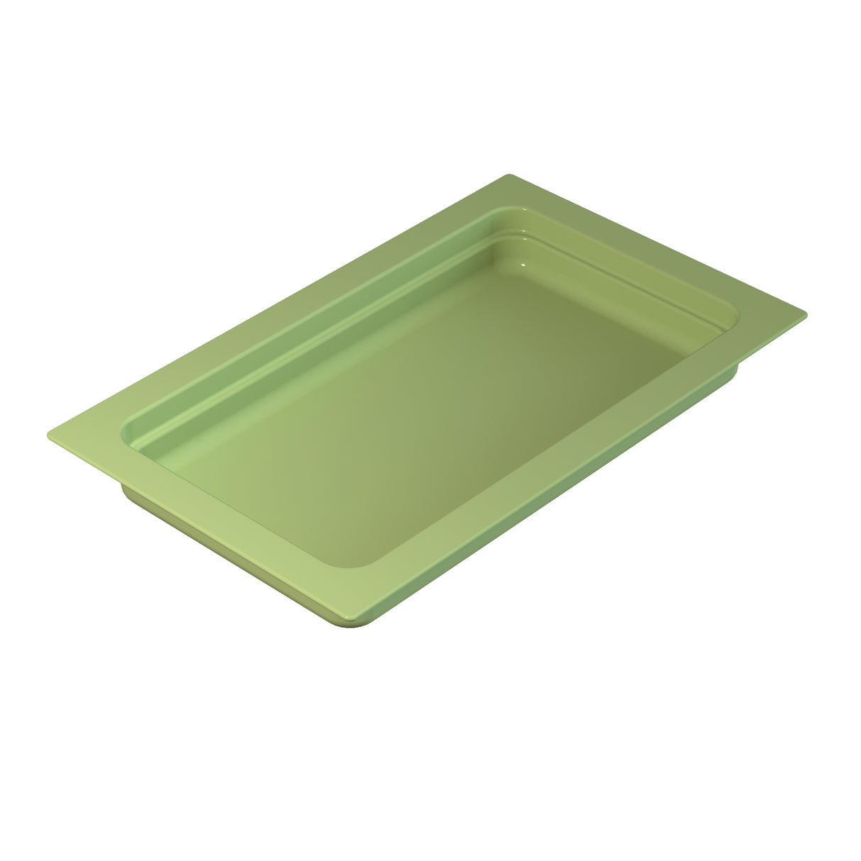 A light green, rectangular cast aluminum food pan with slightly rounded corners and a flat rim is shown on a white background. The shallow tray, viewed from an elevated angle, highlights its smooth surface and depth.