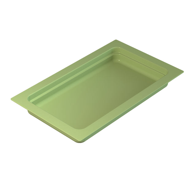 A light green, rectangular cast aluminum food pan with slightly rounded corners and a flat rim is shown on a white background. The shallow tray, viewed from an elevated angle, highlights its smooth surface and depth.