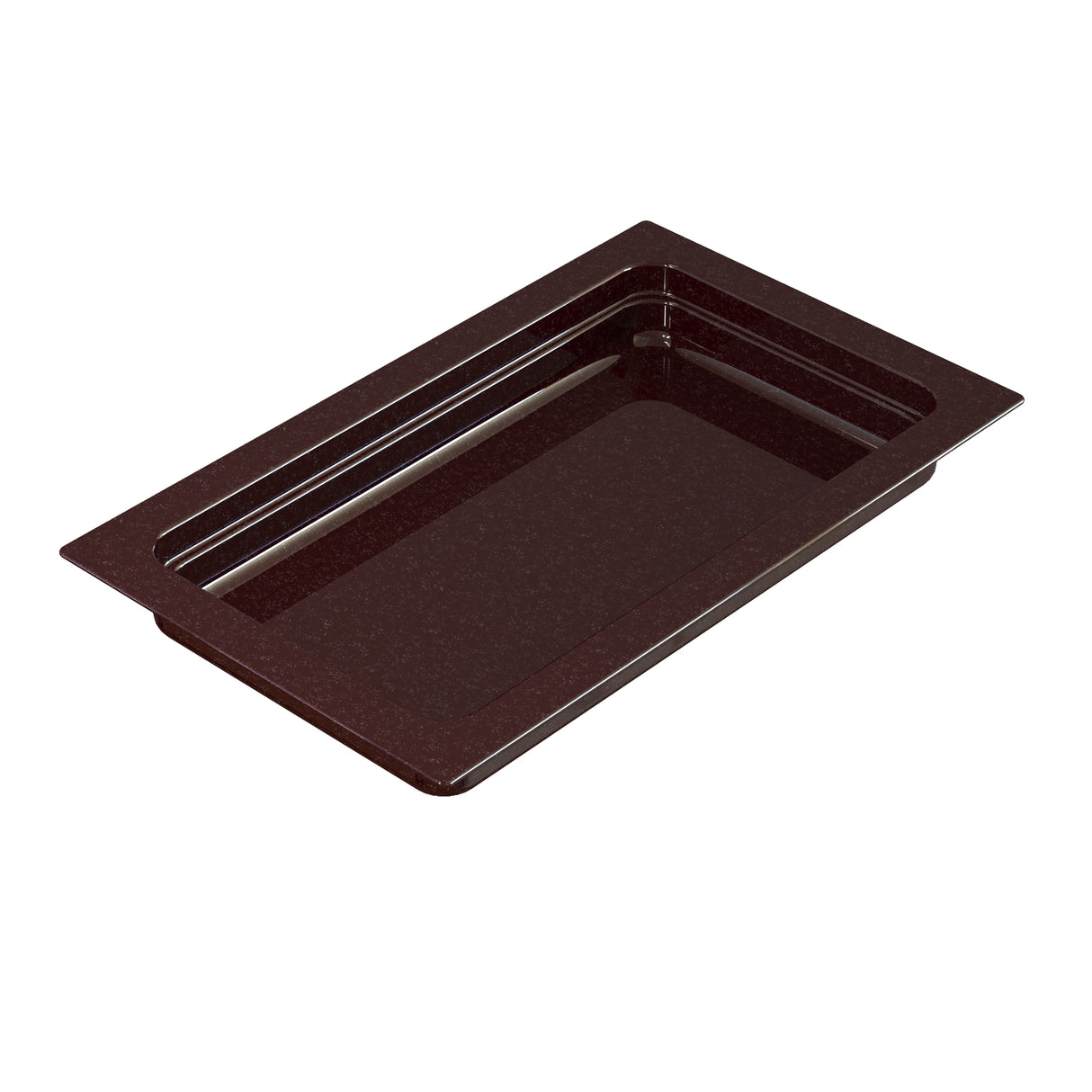 A rectangular, deep, dark brown food pan with a glossy finish and slightly rounded inner corners. Made of durable plastic or composite material, this food pan is ideal for cold holding during food preparation or buffet use.