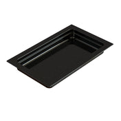 A rectangular, glossy black food pan with rounded corners and a wide rim for easy handling. Made of cast aluminum, the pan has smooth, slightly sloped sides and is empty, resting on a white background.