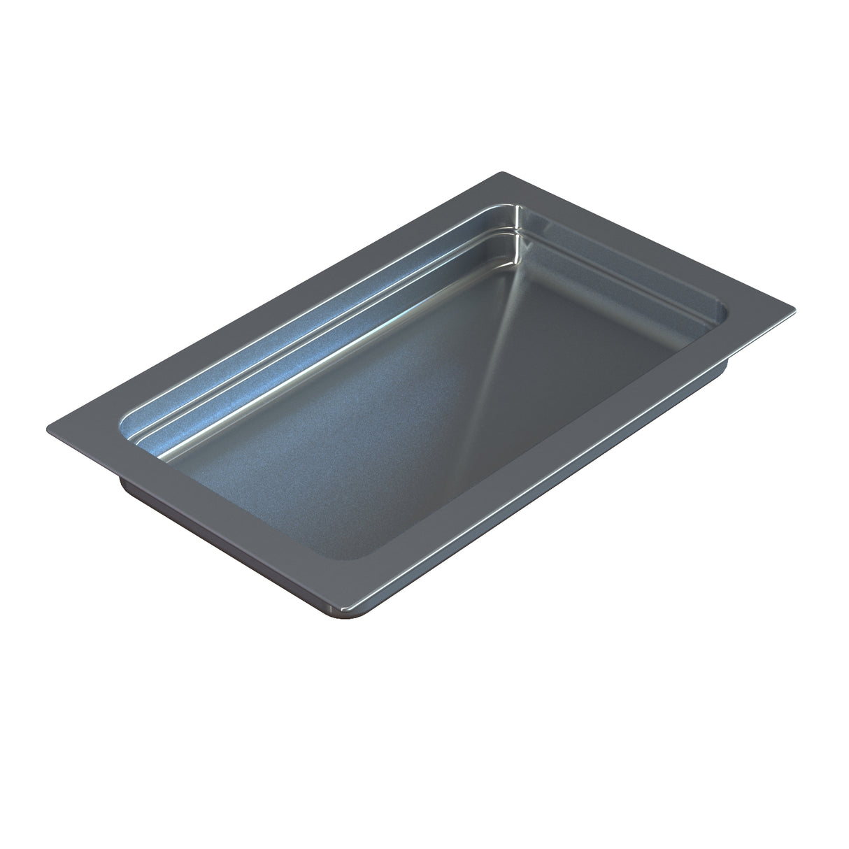 A full size, stainless steel steam table pan with slightly rounded corners and a flat rim, designed for commercial kitchens or buffets; the pan is empty, clean, and set against a white background.