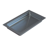 A full size, stainless steel steam table pan with slightly rounded corners and a flat rim, designed for commercial kitchens or buffets; the pan is empty, clean, and set against a white background.