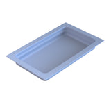 A rectangular, shallow cast aluminum food pan with rounded corners and raised edges, viewed from an angle. The tray is empty with a smooth, reflective surface for cold holding, giving it a clean, polished appearance against a plain white background.