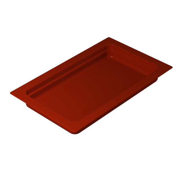 A rectangular, deep, reddish-brown plastic food pan with slightly rounded corners and a wide rim, shown on a white background. Designed for use in food service settings like buffets or cafeterias, it’s ideal for cold holding applications.