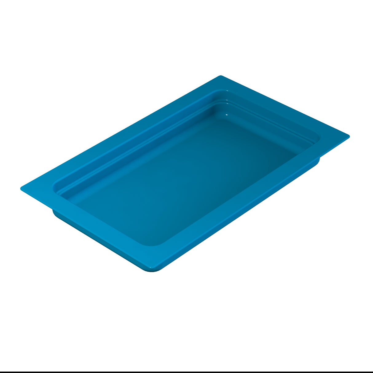 A blue rectangular food pan with a wide rim and slightly sloped sides, photographed on a white background. The tray appears empty and has a smooth, shiny surface, ideal for cold holding applications.