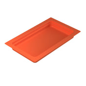 A rectangular, shallow orange cast aluminum tray with slightly angled sides and a wide, flat rim. Perfect as a food pan for cold holding, it is empty and viewed from a slight angle against a white background.