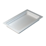 A rectangular, shallow stainless steel food pan with smooth edges and rounded corners. Designed for cold holding, the pan features a flat rim and shiny, reflective surface. It is photographed against a plain white background and appears empty.