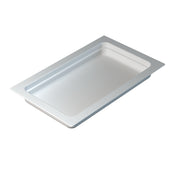 A rectangular, shallow stainless steel food pan with smooth edges and rounded corners. Designed for cold holding, the pan features a flat rim and shiny, reflective surface. It is photographed against a plain white background and appears empty.