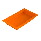A rectangular, orange plastic food pan with slightly raised edges and rounded interior corners, viewed from above at an angle on a white background. The empty pan is designed for food service or cold holding in commercial kitchens.