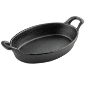 A black, oval-shaped Mini Au Gratin Server made of cast iron with two sturdy handles on either end. Its interior and exterior feature a rough, matte texture typical of cast iron, and the dish sits empty against a plain white background.