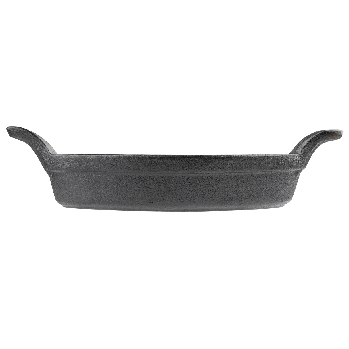 A black cast iron Mini Au Gratin Server viewed from the side, featuring two upward-curving handles on opposite sides. The pan has a rough, textured surface and slightly flared edges, set against a plain white background.