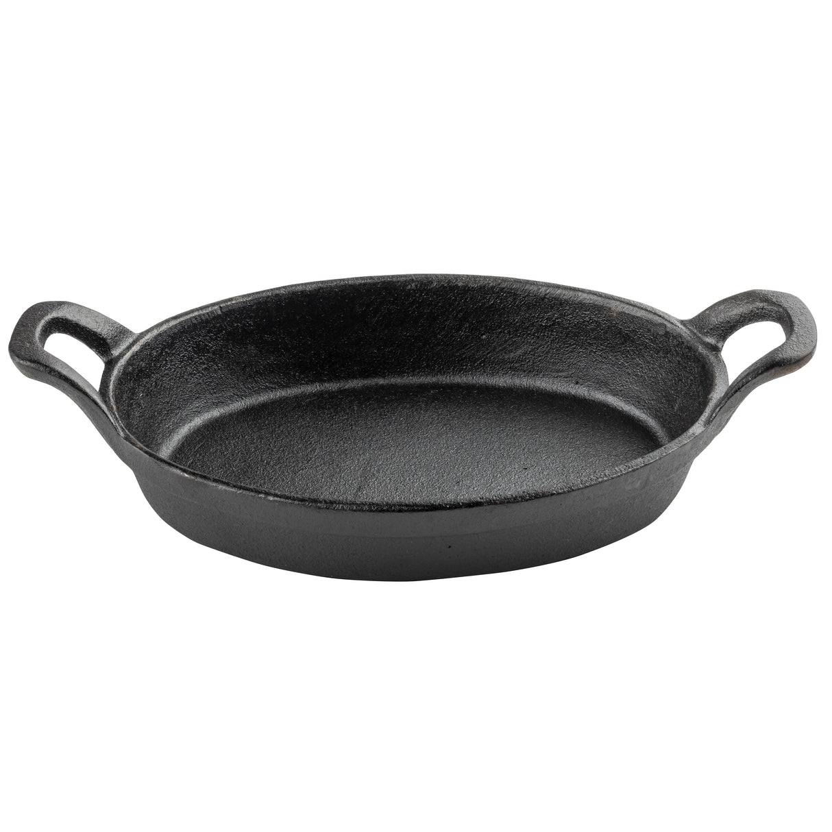A black cast iron skillet with a round base, slightly raised edges, and two sturdy handles on opposite sides. The smooth, non-stick interior surface makes this Mini Au Gratin Server perfect for serving individual portions. It sits on a white background.
