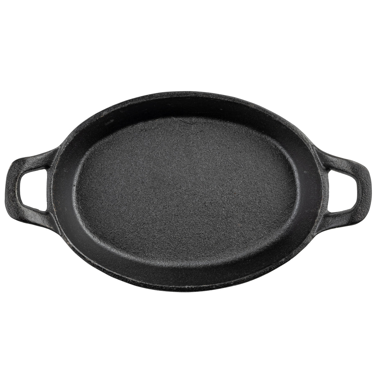 A black oval cast iron skillet, similar to a Mini Au Gratin Server, with two short handles on opposite sides, is shown from above on a white background. The skillet has a rough, textured surface and raised edges for non-stick cooking.