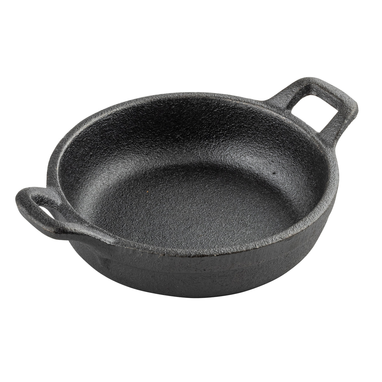 A round, black cast iron Mini Server pan with two short handles on opposite sides. The TableCraft pan features a rough, textured surface and is empty, shown against a plain white background.