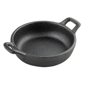 A round, black cast iron Mini Server pan with two short handles on opposite sides. The TableCraft pan features a rough, textured surface and is empty, shown against a plain white background.