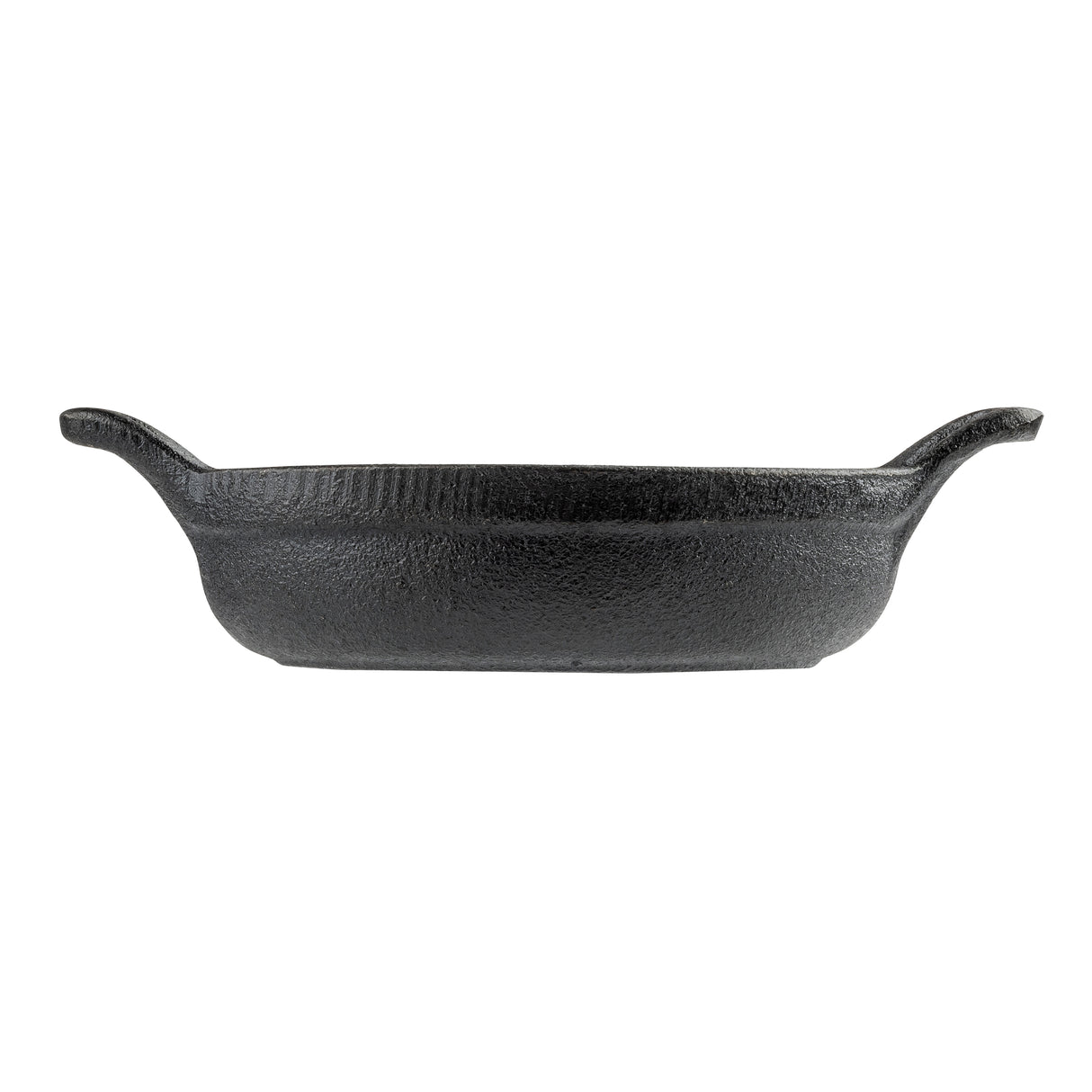 A black cast iron baking dish by TableCraft with a rough, textured surface. The oval-shaped mini server is shown from the side, featuring two wide, upward-curving handles at each end against a plain white background.