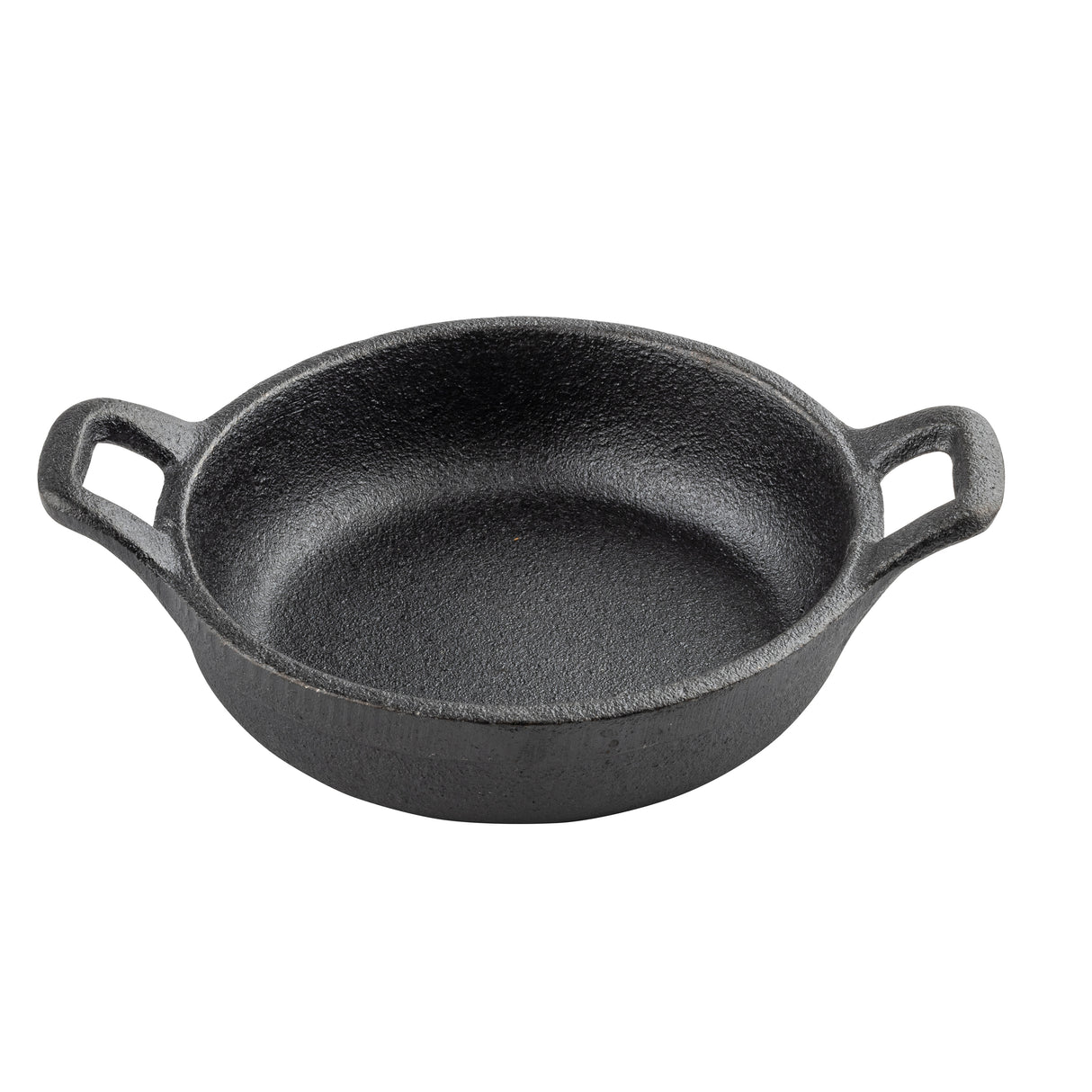A round, black cast iron TableCraft Mini Server skillet with a rough texture and two handles on opposite sides sits on a white background. The skillet is empty and features a slightly raised edge around the rim.
