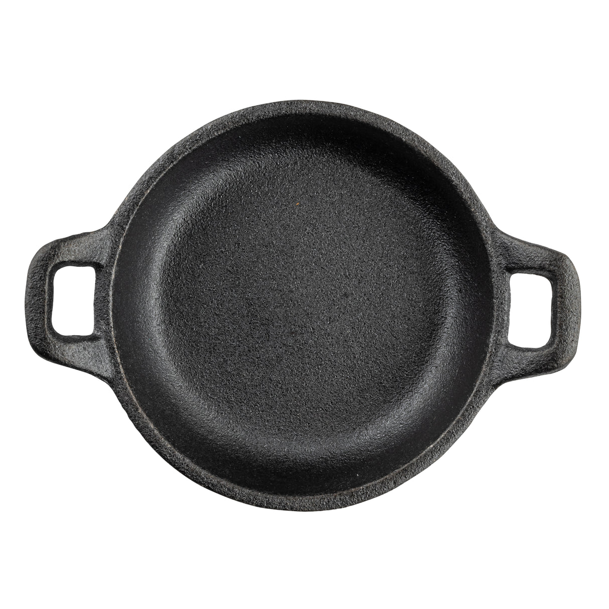 A round, black cast iron skillet by TableCraft with a rough texture is viewed from above. Featuring two rectangular handles on opposite sides, this mini server sits empty against a white background.