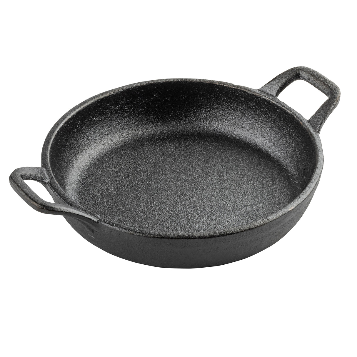 A round, black cast iron skillet with two rectangular handles on opposite sides, this TableCraft mini server features a textured surface and is empty, displayed against a white background.