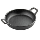 A round, black cast iron skillet with two rectangular handles on opposite sides, this TableCraft mini server features a textured surface and is empty, displayed against a white background.
