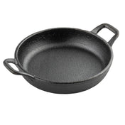 A round, black cast iron skillet with two rectangular handles on opposite sides, this TableCraft mini server features a textured surface and is empty, displayed against a white background.