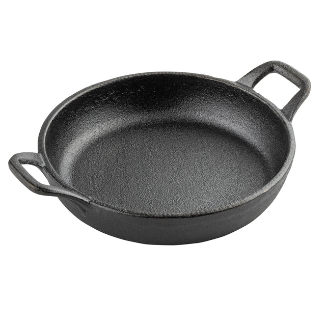 A round, black cast iron skillet with two rectangular handles on opposite sides, this TableCraft mini server features a textured surface and is empty, displayed against a white background.